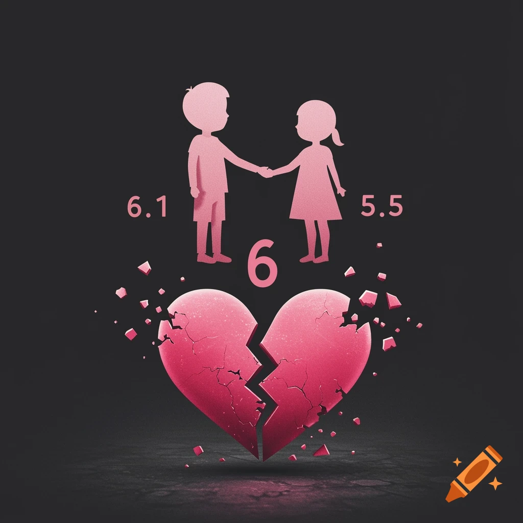 Pink silhouettes of a boy and girl above a broken pink heart, with numbers 6.1, 6, and 5.5 on a dark grey background.
