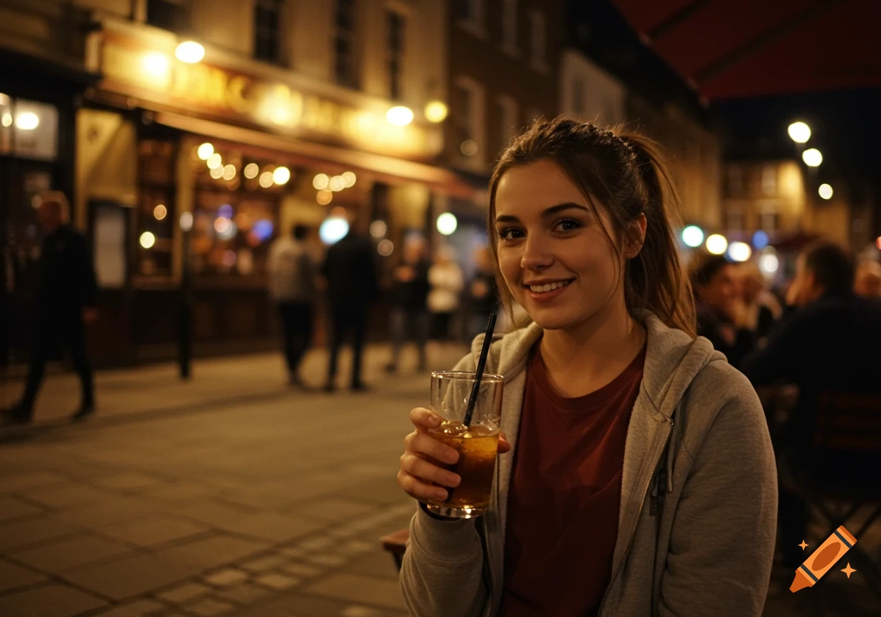 A young woman with a ponytail smiles while sitting outside a pub at night, holding a drink.