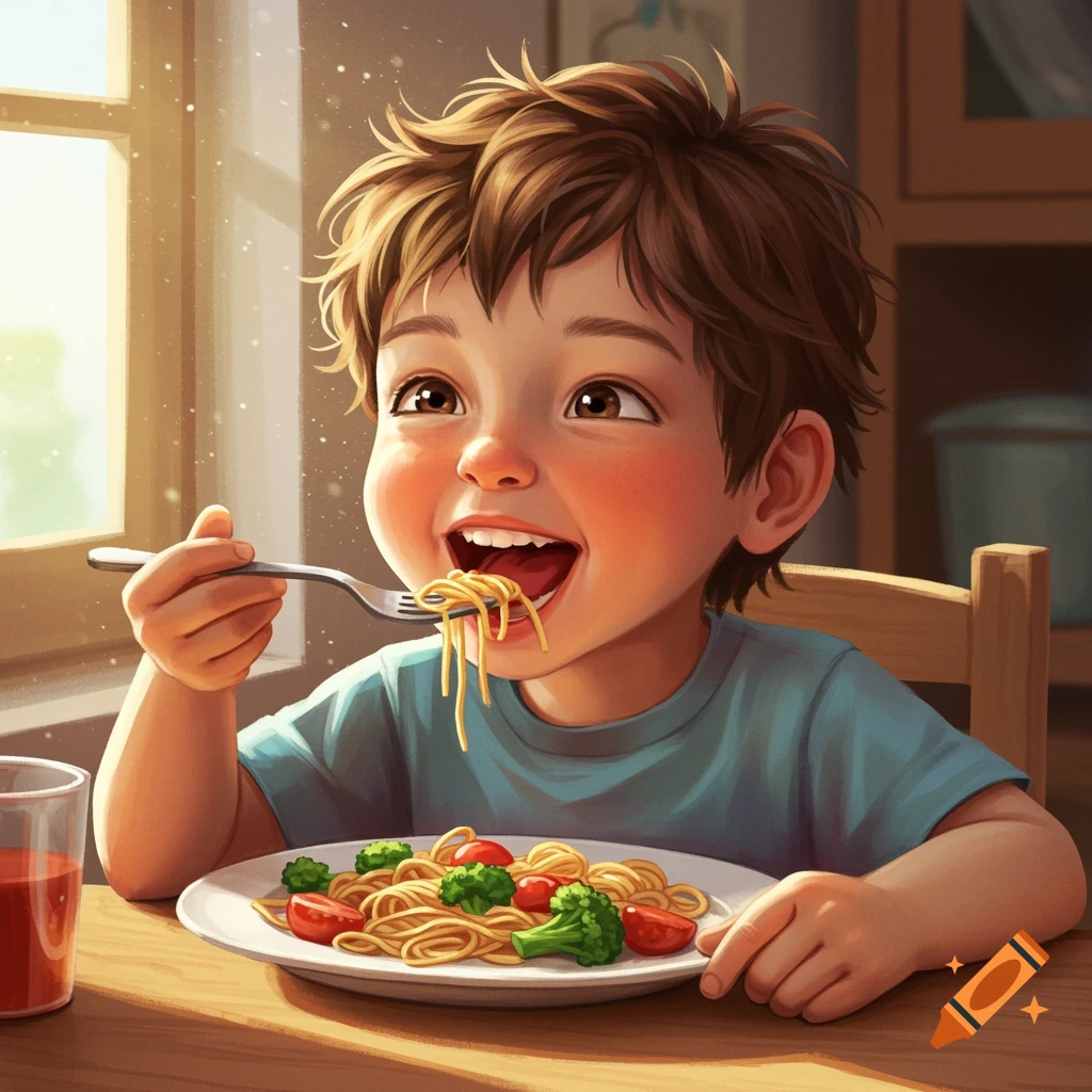 An illustration of a young boy happily eating spaghetti.