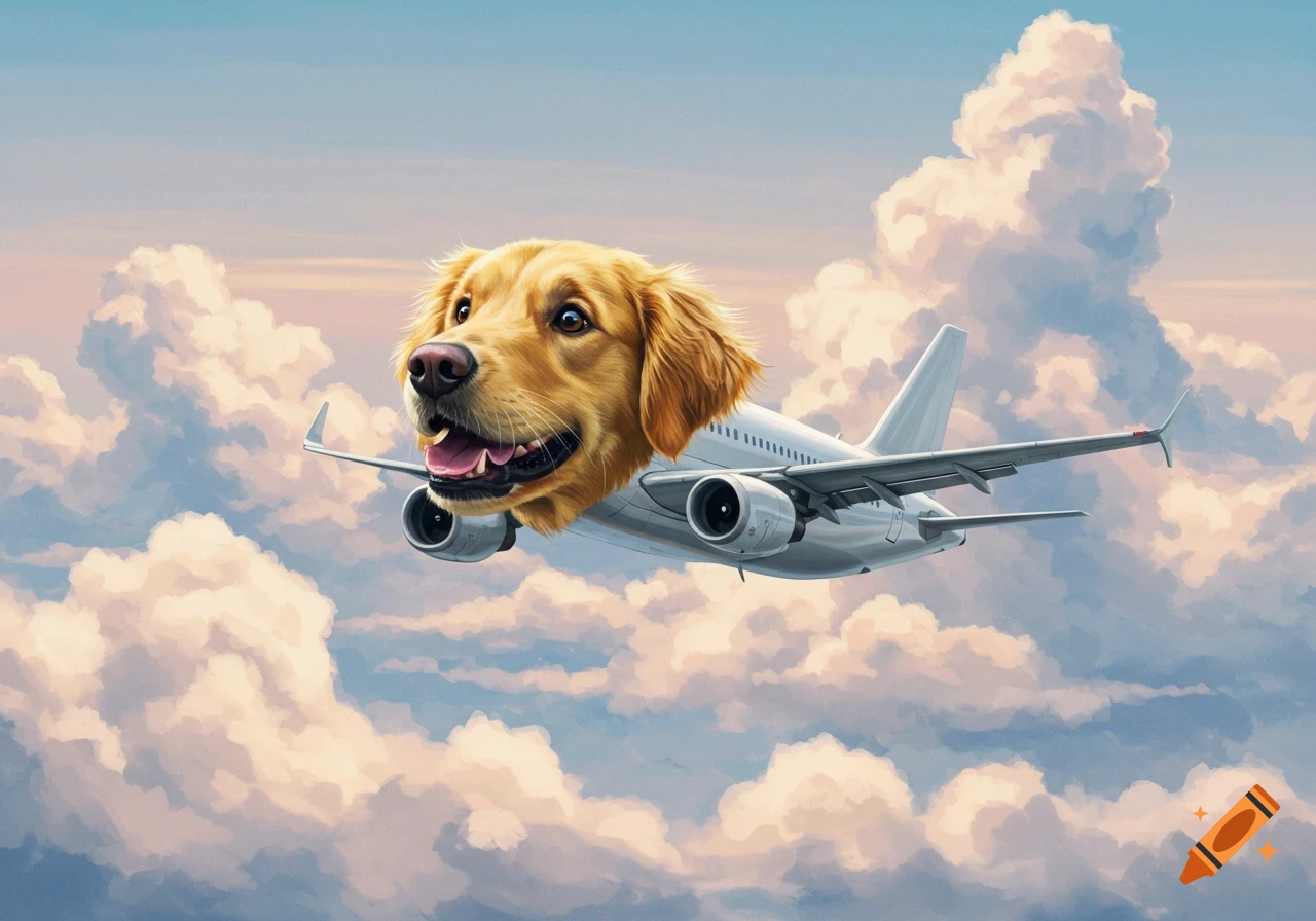 A dog's head is on an airplane flying through clouds.