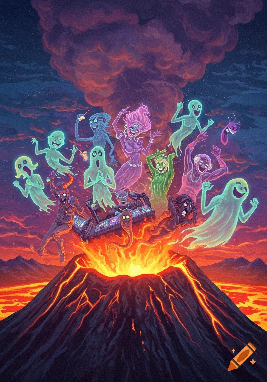 Stylized illustration of colorful ghosts and creatures having a rave party on an erupting volcano at night.