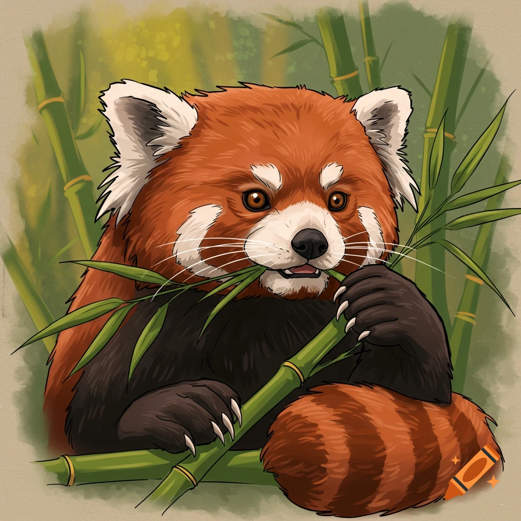A red panda eating bamboo in a neotraditional art style