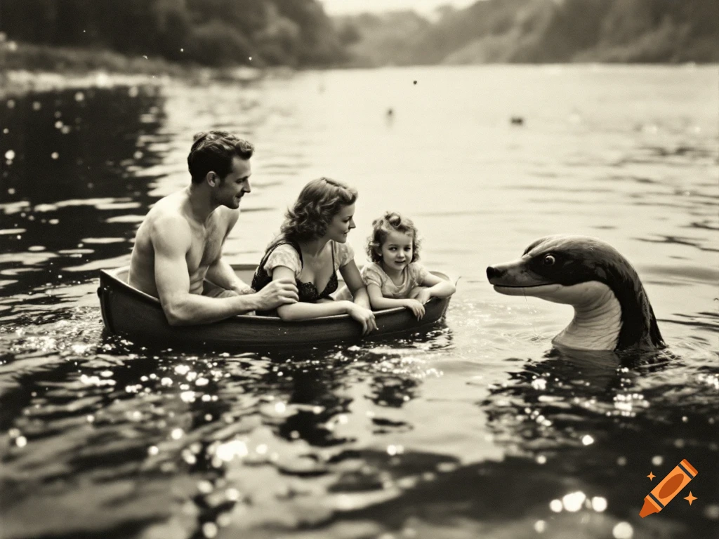 Family in a boat on a lake interacting with a creature emerging from the water, in a vintage black and white photo style.