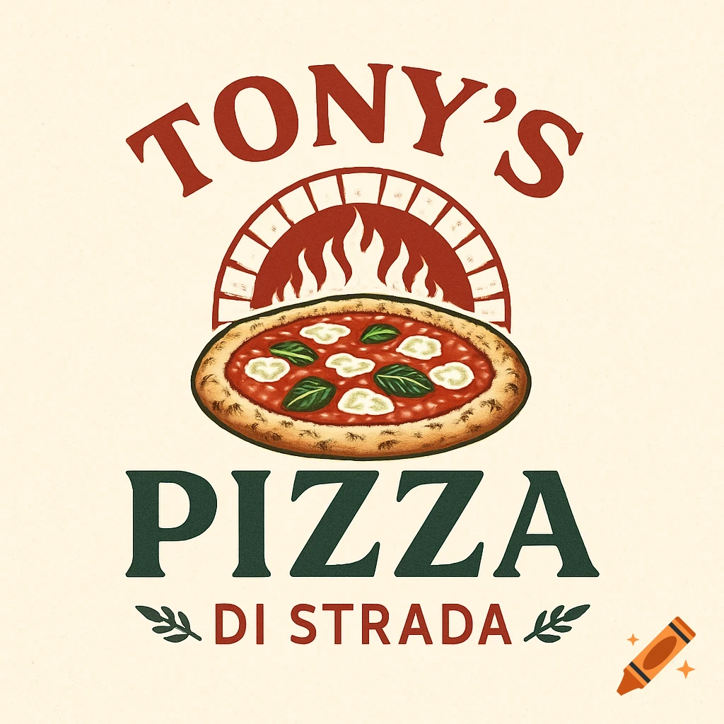 Logo for Tony's Pizza di Strada featuring text, a pizza, and a pizza oven graphic.