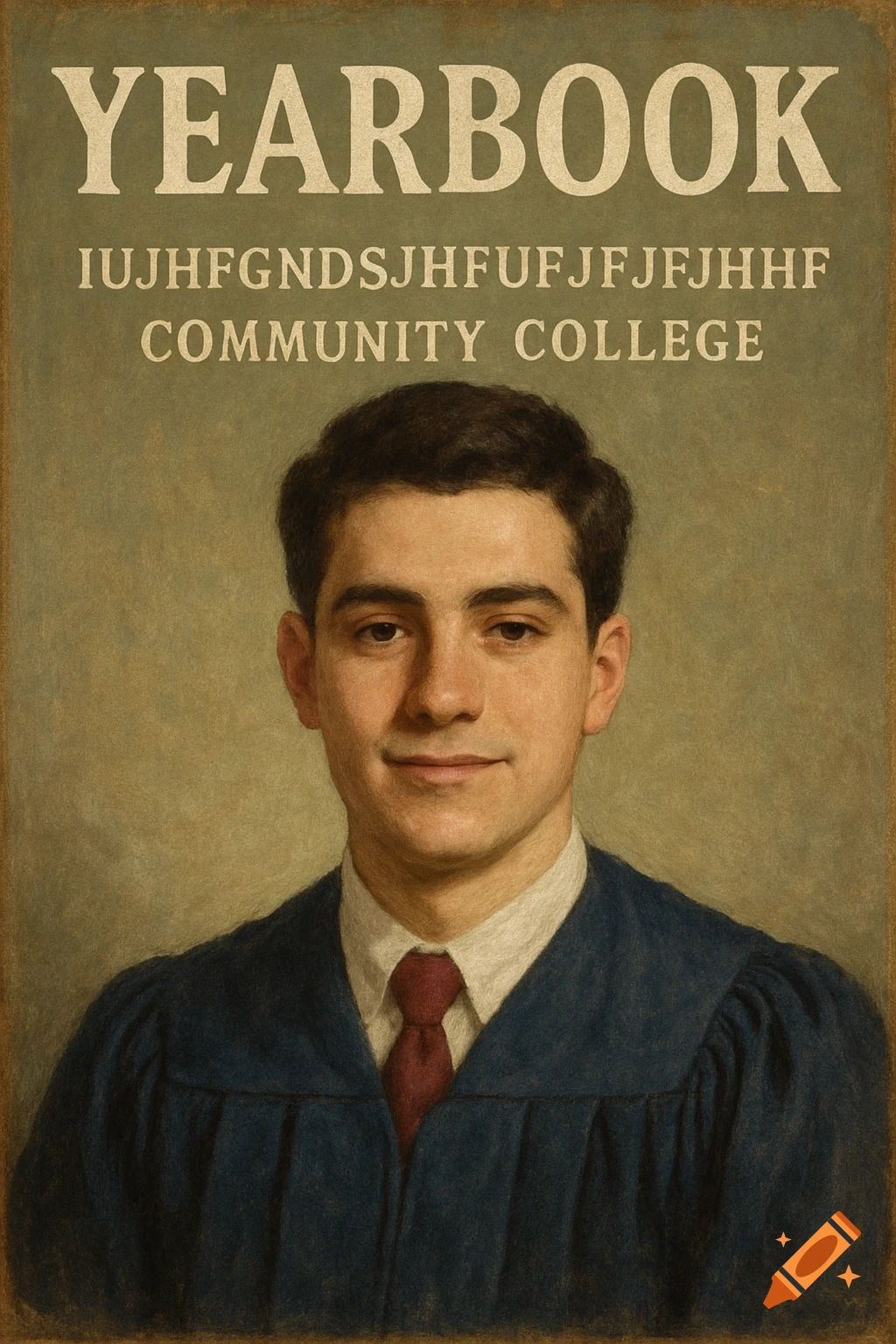 Portrait of a young man in academic attire under "YEARBOOK COMMUNITY COLLEGE" text.