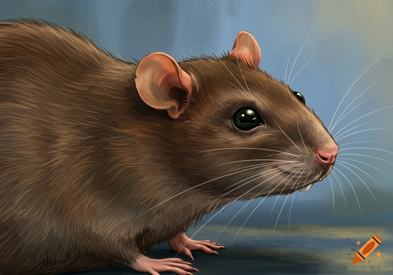 A close-up illustration of a brown rat with green eyes looking to the right.