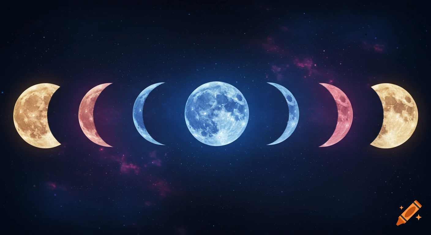 Phases of the moon in different colors against a starry space background.