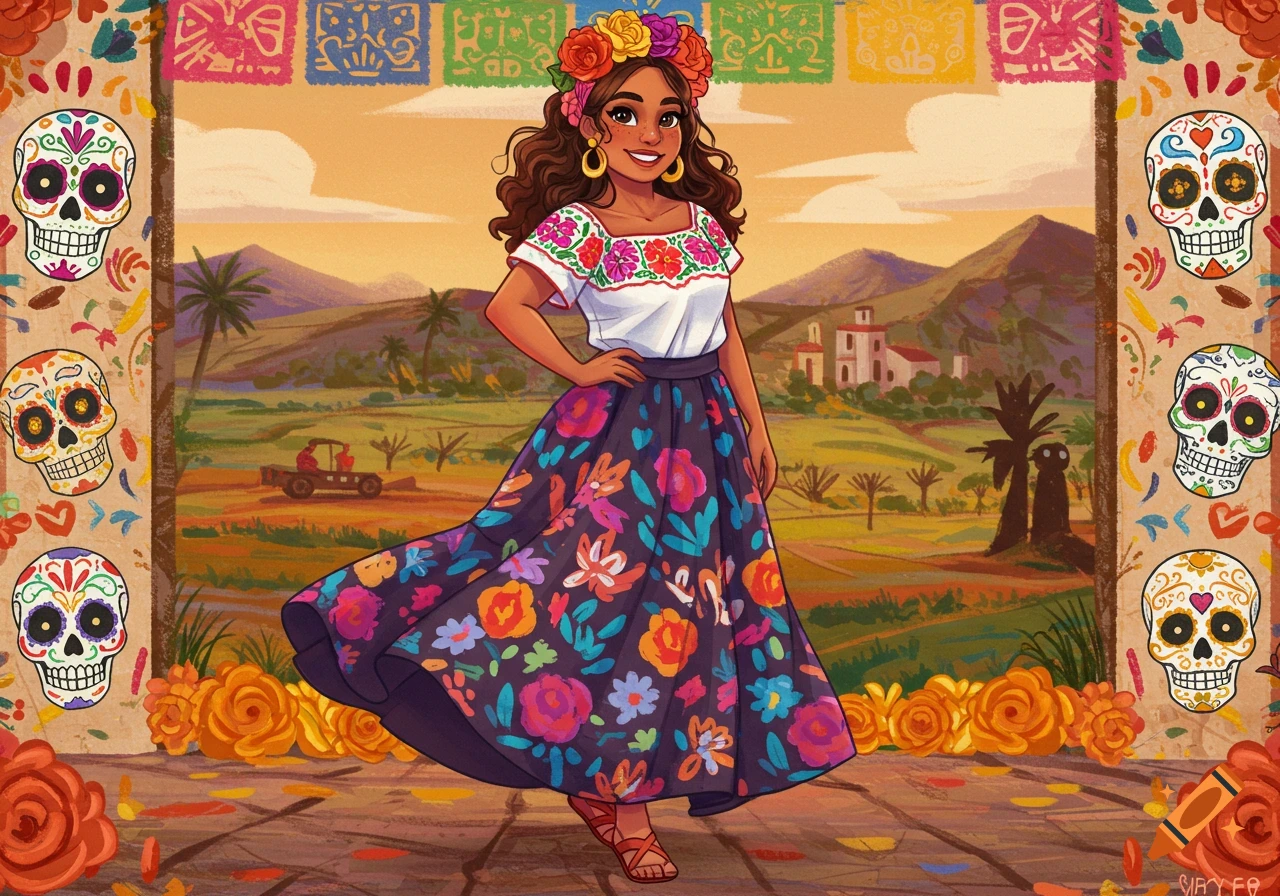 Illustration of a woman in a vibrant traditional dress and flower crown, surrounded by sugar skulls and floral decorations.