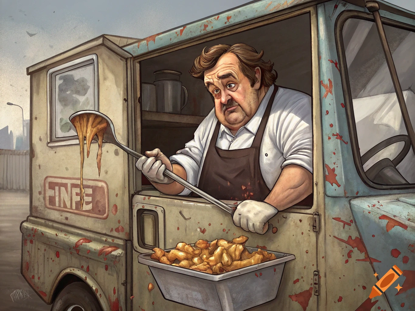 Caricature of a man serving messy food from a run-down chip truck.