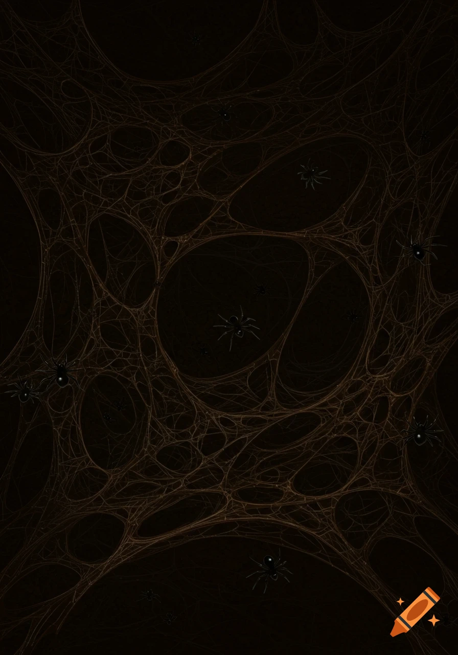 A close-up view of a dense brown spiderweb with multiple small black spiders crawling on it against a dark background.