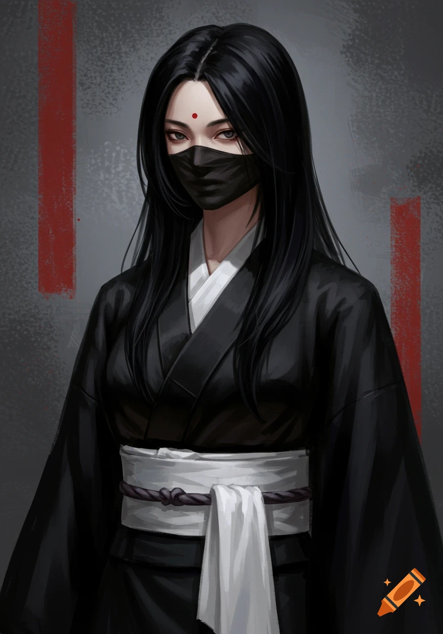 Painting of a woman with black hair wearing a black kimono and mask against a grey background with red vertical marks.