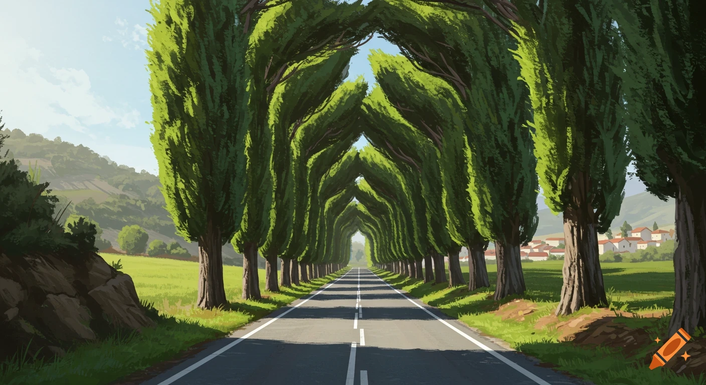 A road lined with tall cypress trees forming a natural arch overhead in a sunny countryside landscape.
