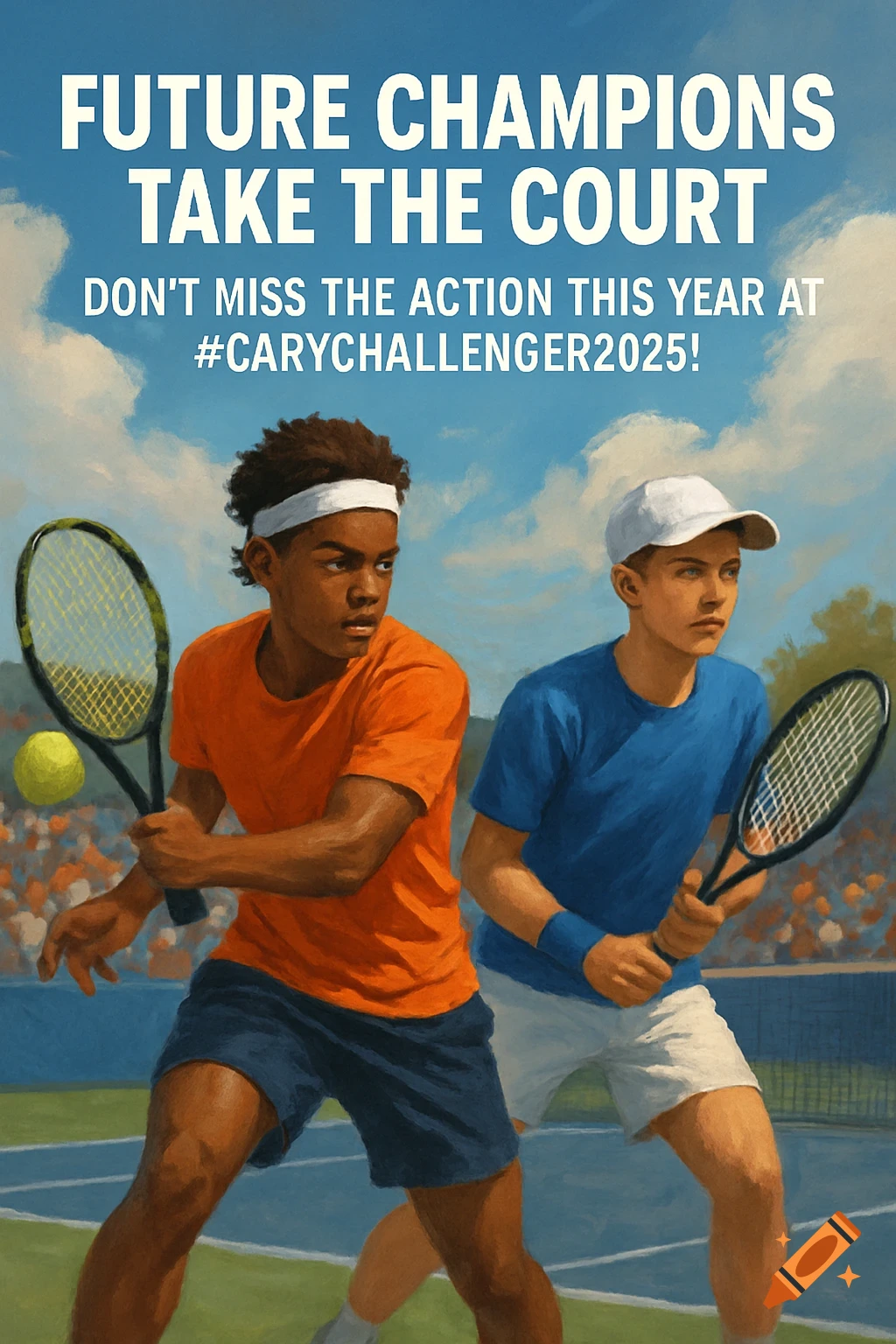 Two young male tennis players on a court with text overlay.