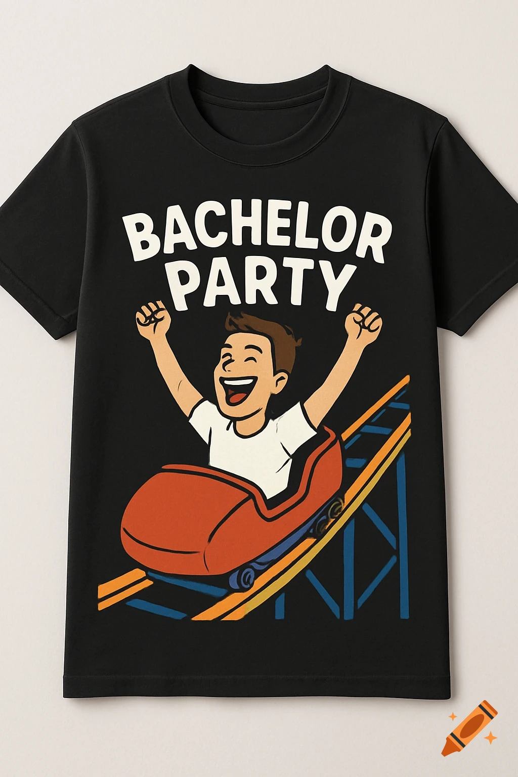 Black t-shirt with a cartoon of a man riding a roller coaster. Text reads "BACHELOR PARTY".