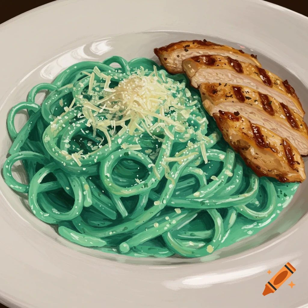 A plate of turquoise pasta with grilled chicken and cheese.