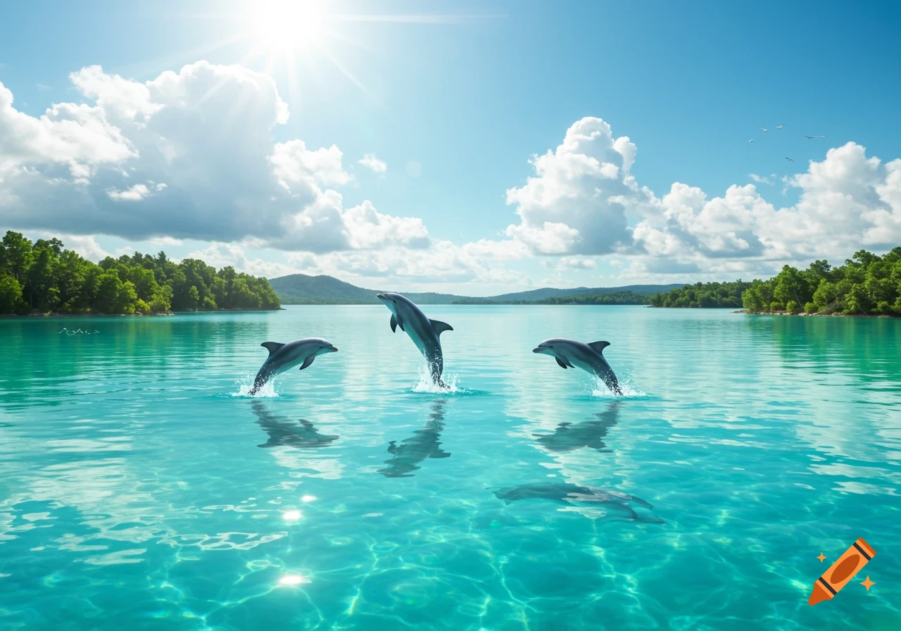 Several dolphins leap from calm turquoise water in a sunny lake with forested shores and mountains.