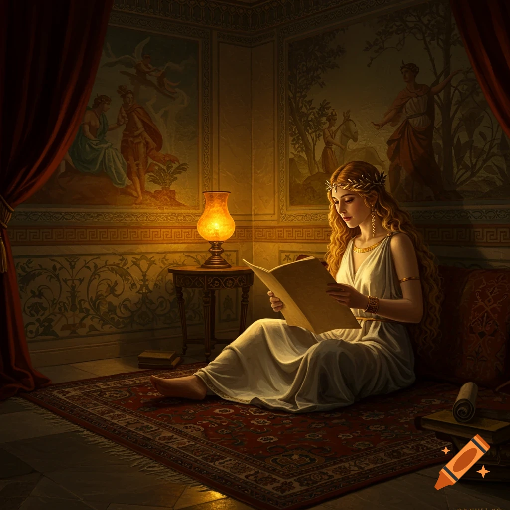 A woman in classical attire sits on a rug reading a book by lamplight in a room with murals.