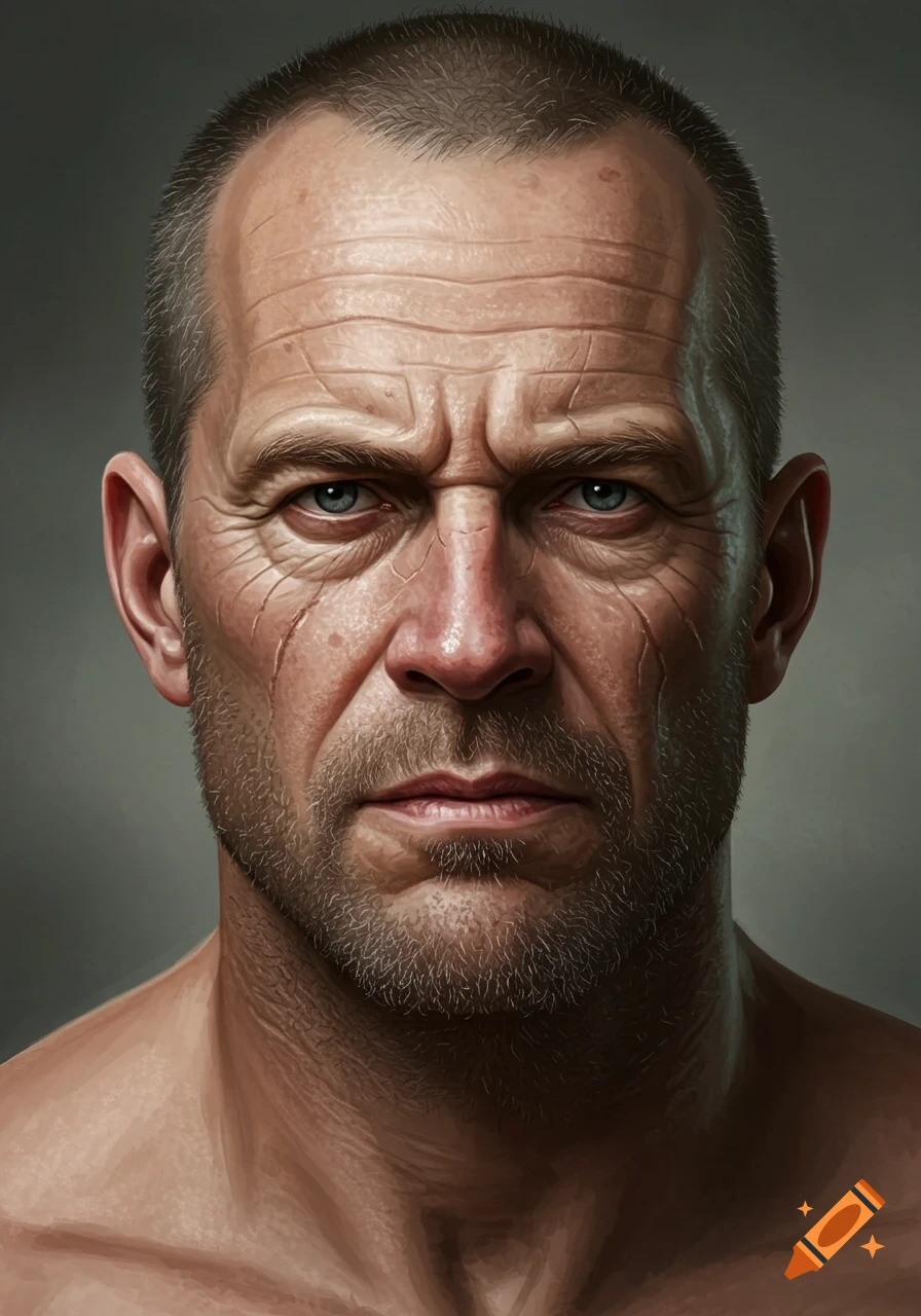 Close-up portrait of a rugged man with scars on his face and intense eyes.