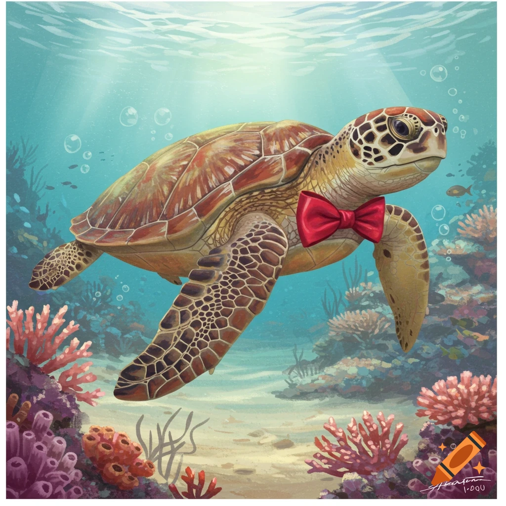 An illustration of a sea turtle wearing a red bow tie swimming in a coral reef.