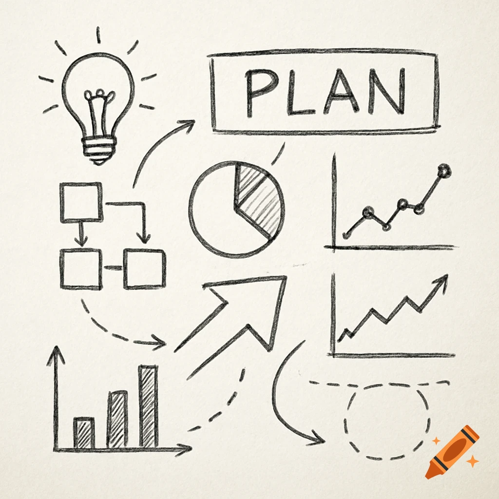 Pencil sketch of a business plan diagram with charts, graphs, and a lightbulb idea.
