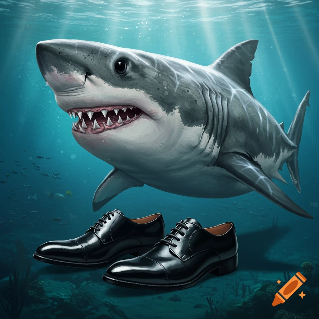Illustration of a great white shark swimming underwater with a pair of black dress shoes floating nearby.