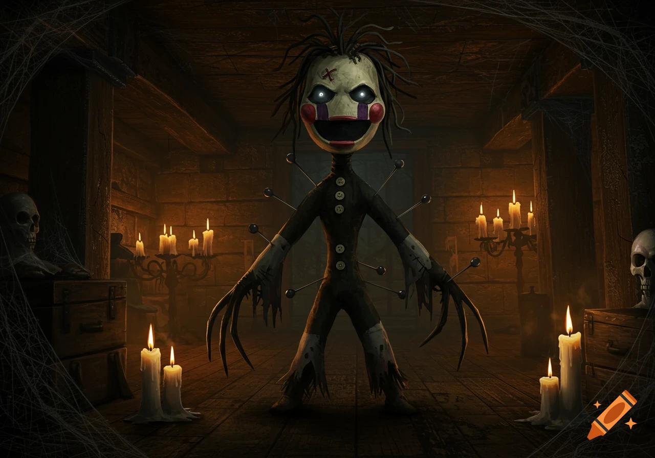 A spooky voodoo puppet stands in a dimly lit room filled with candles, cobwebs, and skulls.