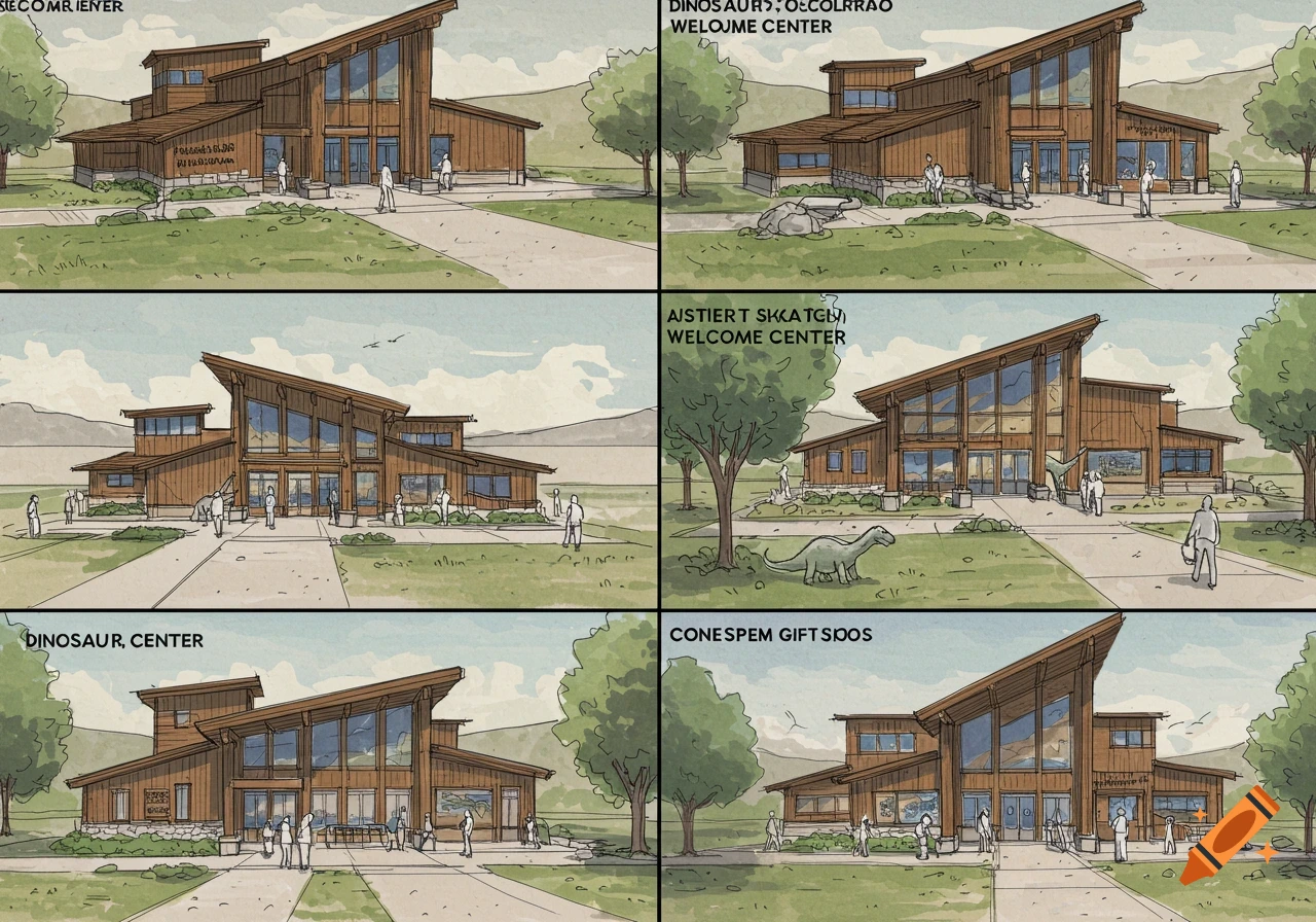 Six concept sketches of a dinosaur welcome center with people and trees in a sketch style.