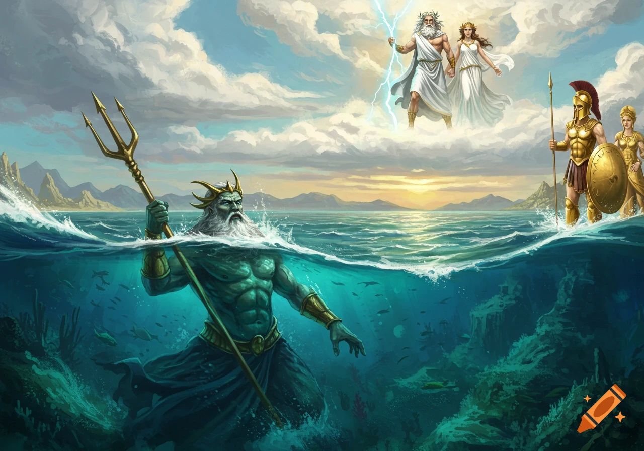 Poseidon rises from the ocean, Zeus and Hera in clouds with lightning, Athena on shore in a detailed fantasy painting.