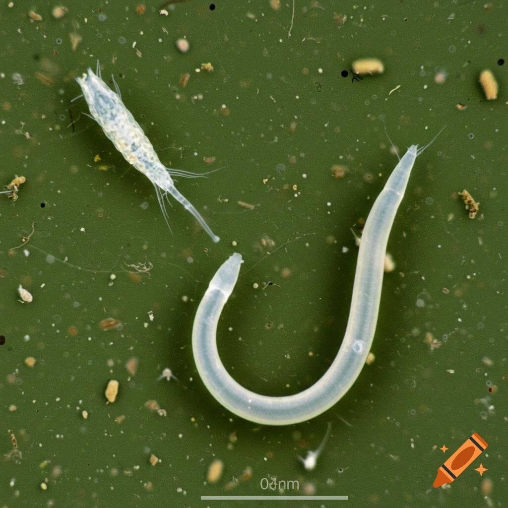 Microscopic view of a white worm and a crustacean-like organism with a scale bar.