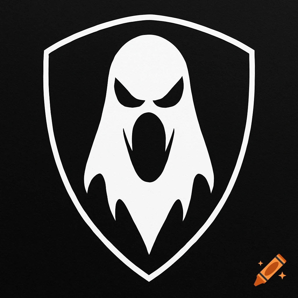 Sinister white ghost in a shield logo on black background.
