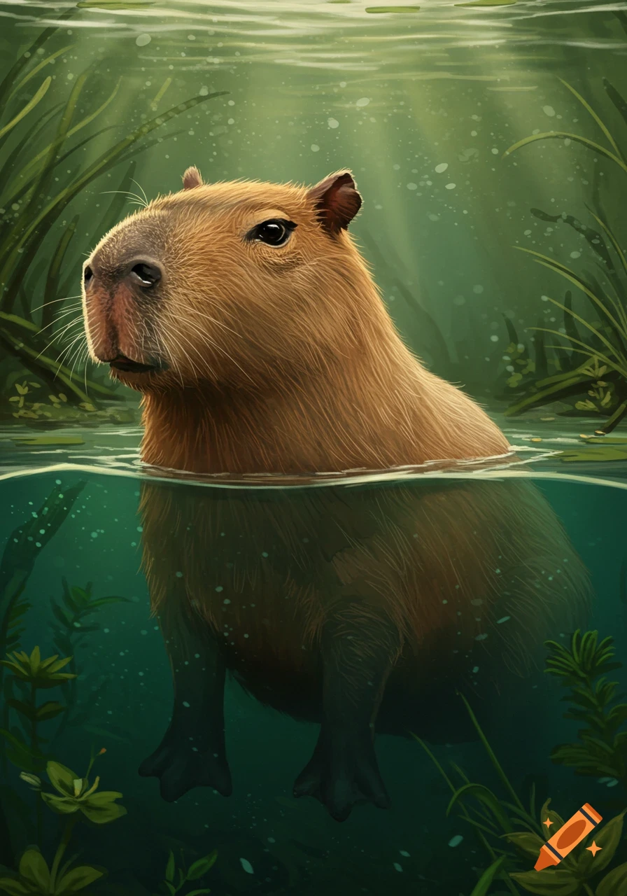 Illustrative rendering of a capybara partially submerged in murky water with underwater plants.
