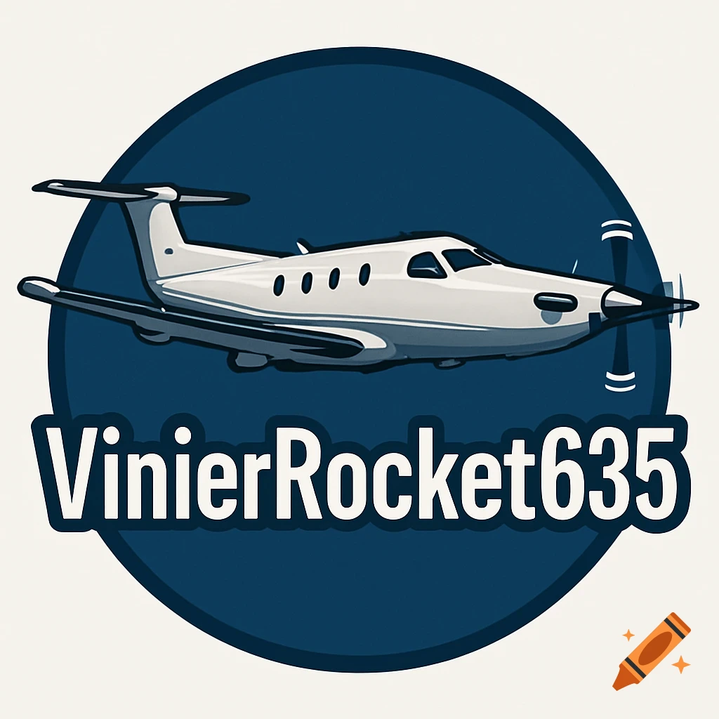 Logo with a white airplane inside a blue circle, text below reads 'VinierRocket635'.