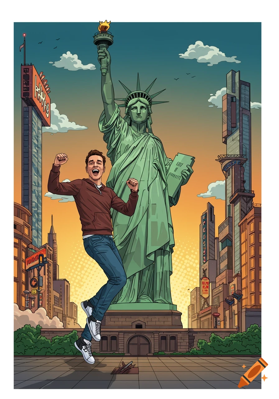 Stylized illustration of a man jumping ecstatically in front of the Statue of Liberty with a city skyline behind him.