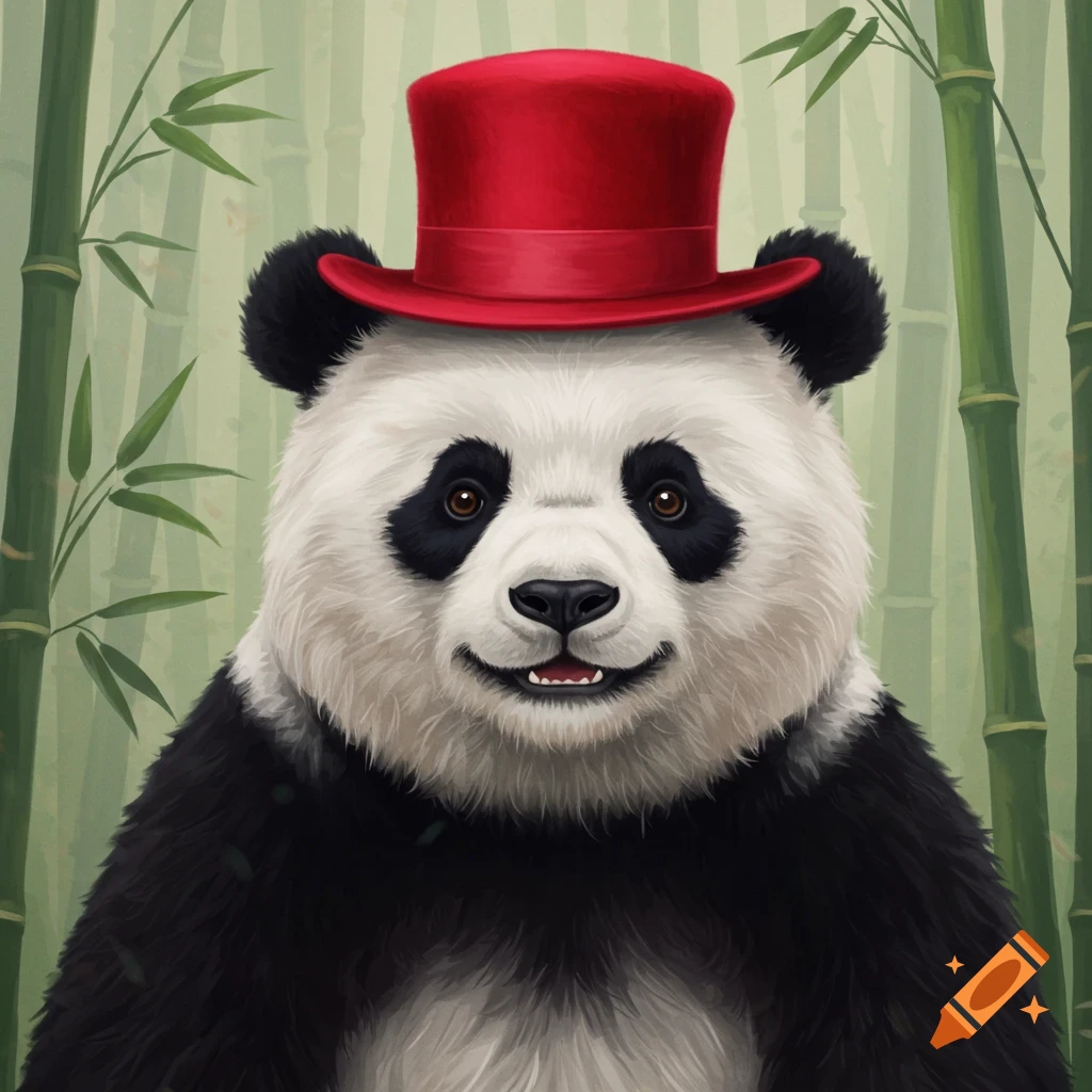 A panda wearing a red top hat smiles in a bamboo forest.
