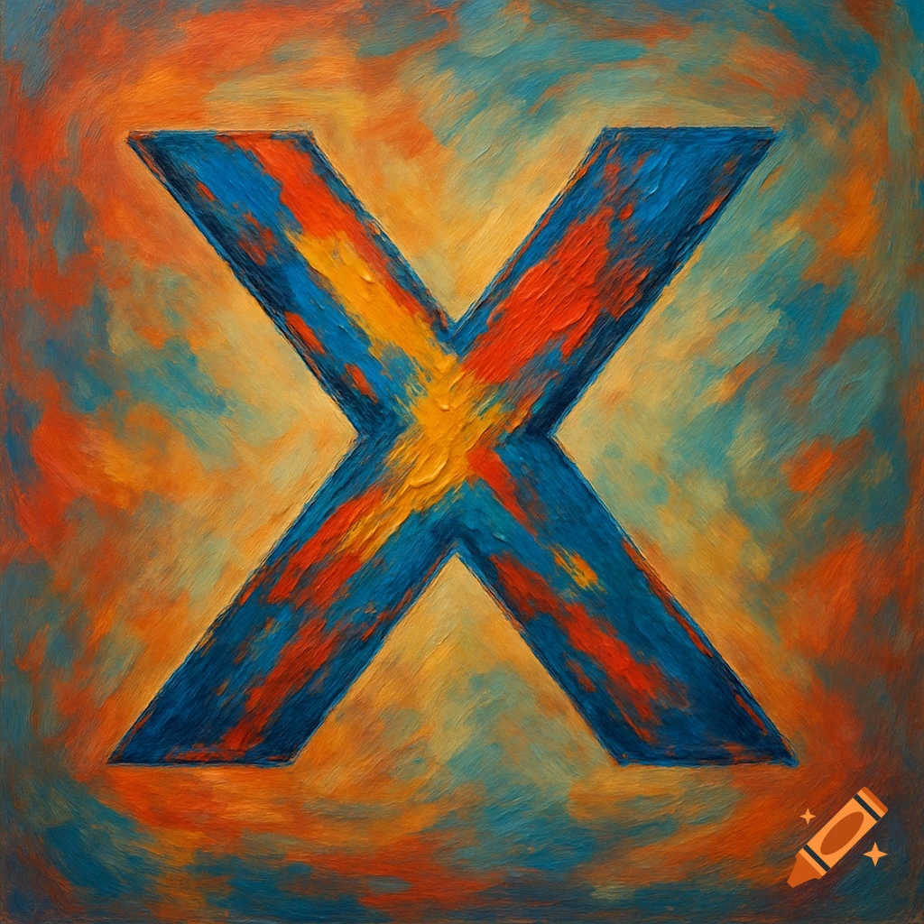 An abstract painting of a large letter X in blue, red, and yellow brushstrokes on an orange and blue background.