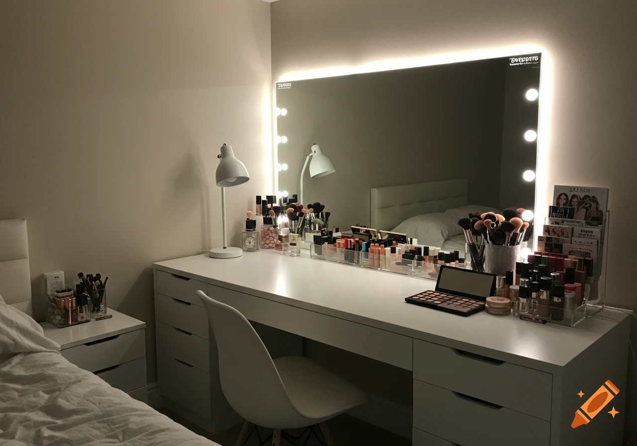 Modern white vanity table in a bedroom with a lighted mirror, chair, and organized makeup products