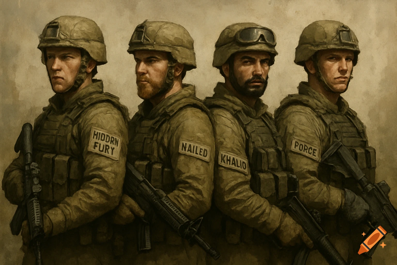 Four soldiers in tactical gear holding rifles, painted style.