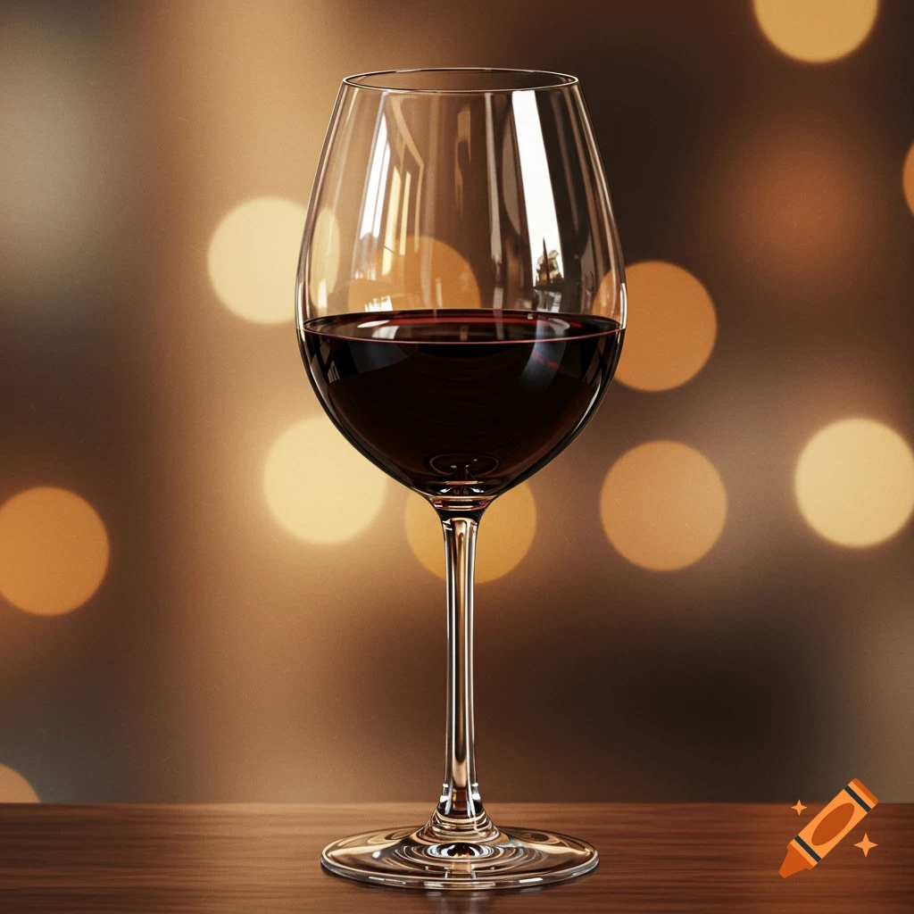 A glass of red wine on a table with blurred lights in the background, photorealistic style