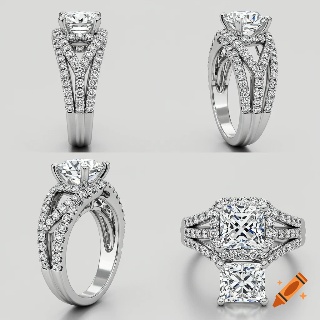 Four views of a white gold split shank diamond ring with a radiant center stone and hidden halo.