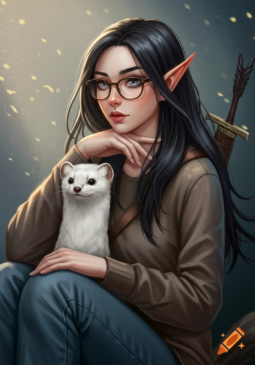 Portrait of an elf girl with glasses holding a white ermine pet ...