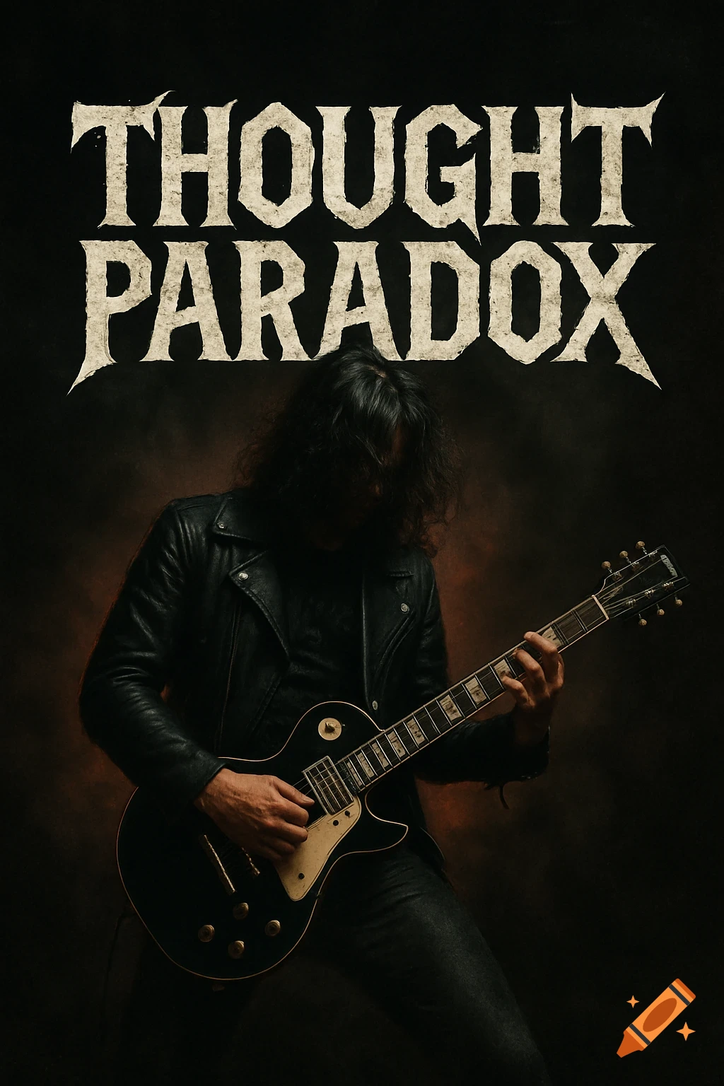 Person in leather jacket playing electric guitar with 'Thought Paradox' text above
