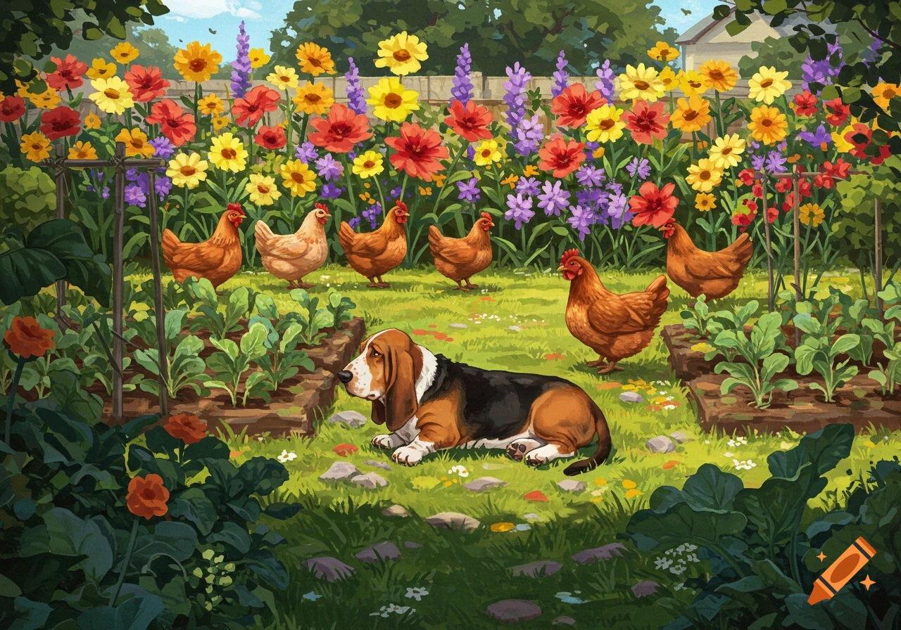 A basset hound lies in a colorful garden with chickens and flowers.