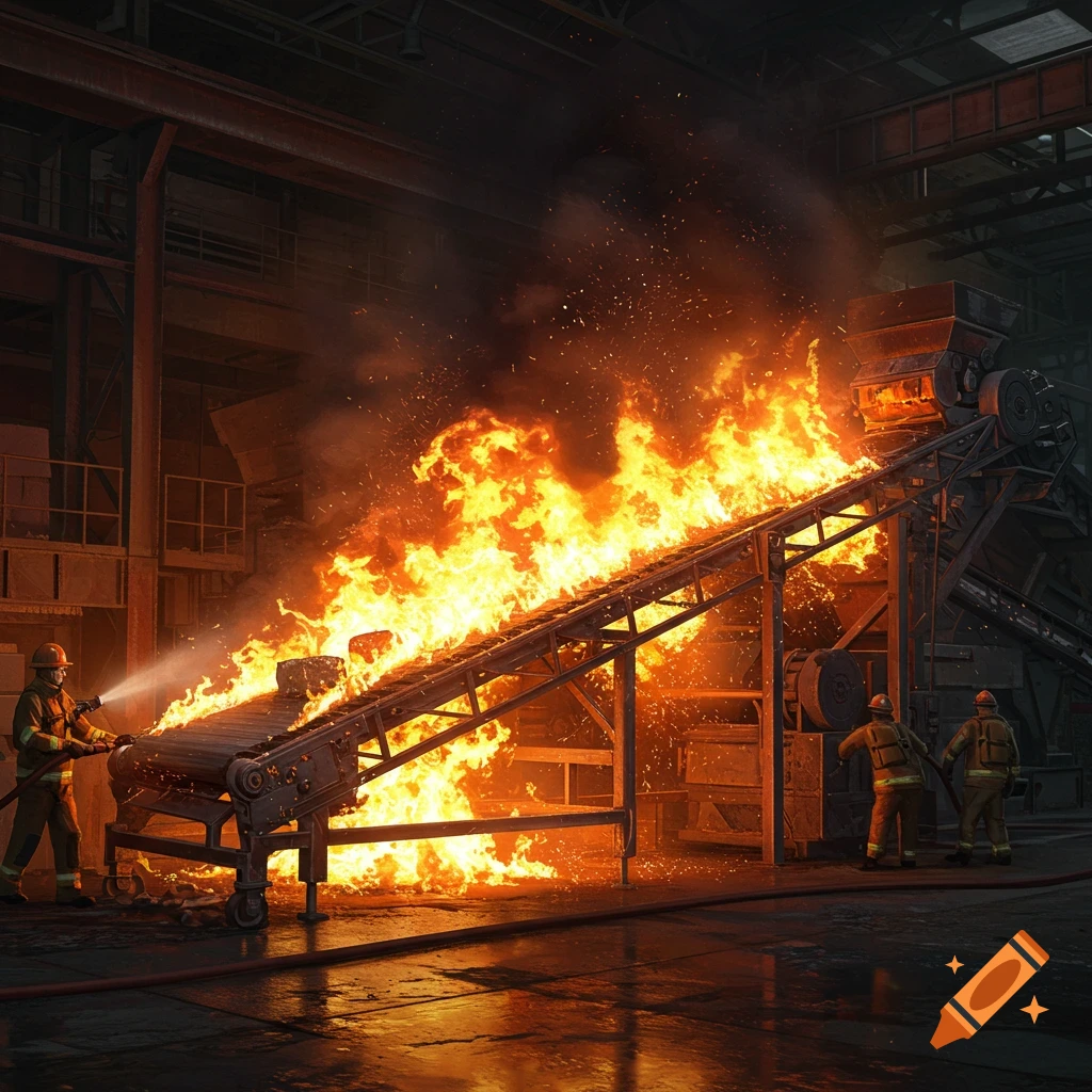 Firefighters battling a large fire on a conveyor belt in an industrial building.