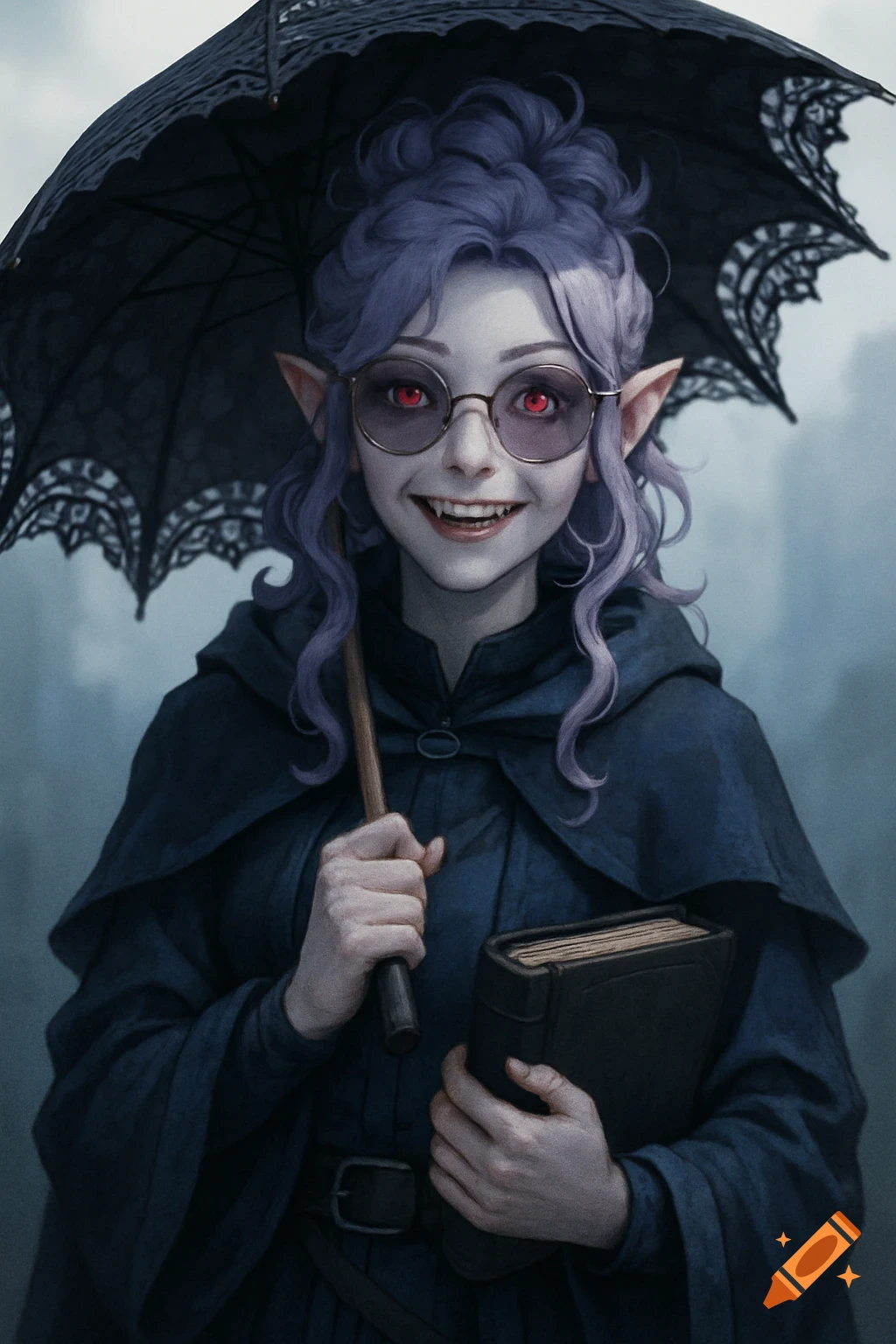 Illustration of a young fantasy character with purple hair, fangs, red eyes, glasses, holding an umbrella and book.