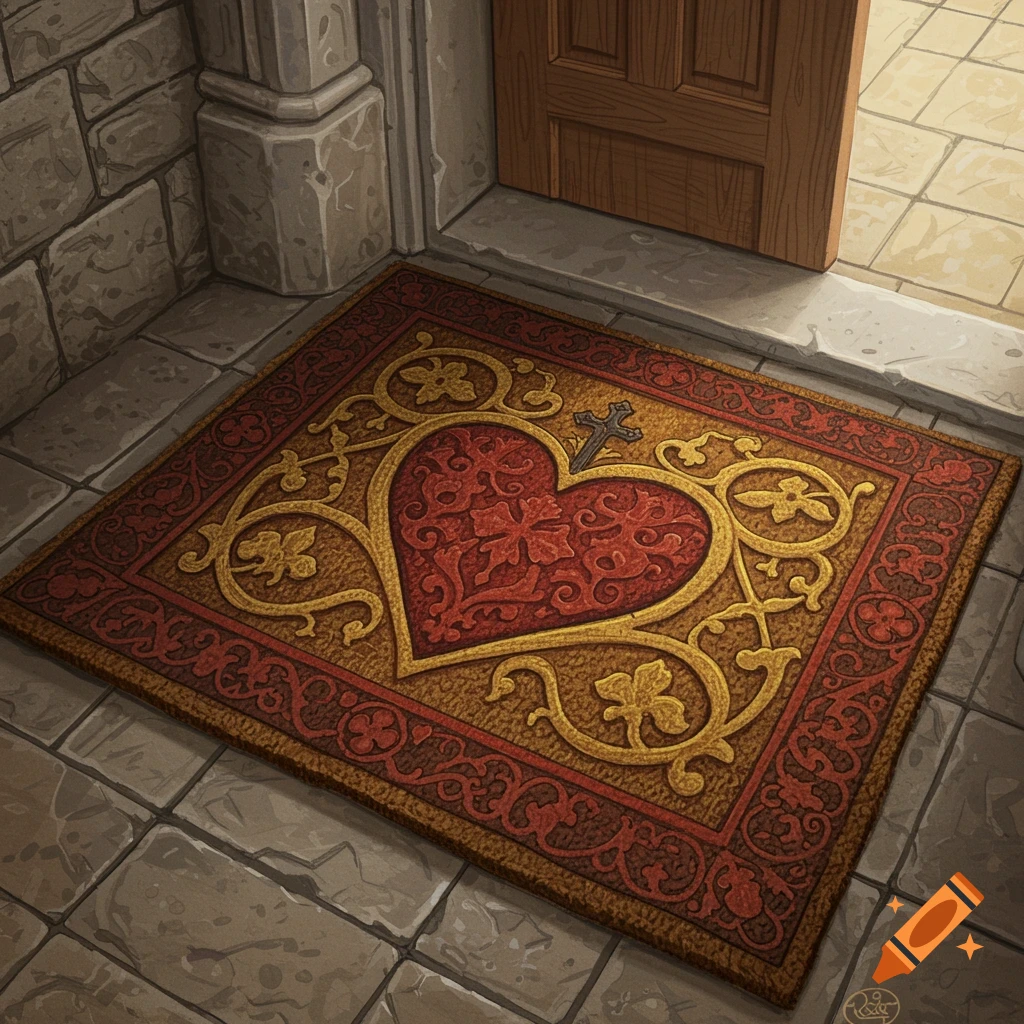 A doormat with a red heart and ornate patterns, in a medieval illustration style