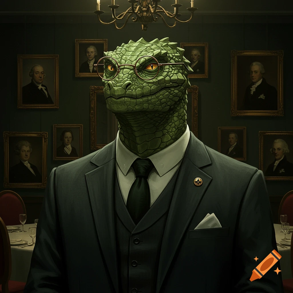 A reptilian wearing glasses and a suit stands in a room filled with framed portraits.