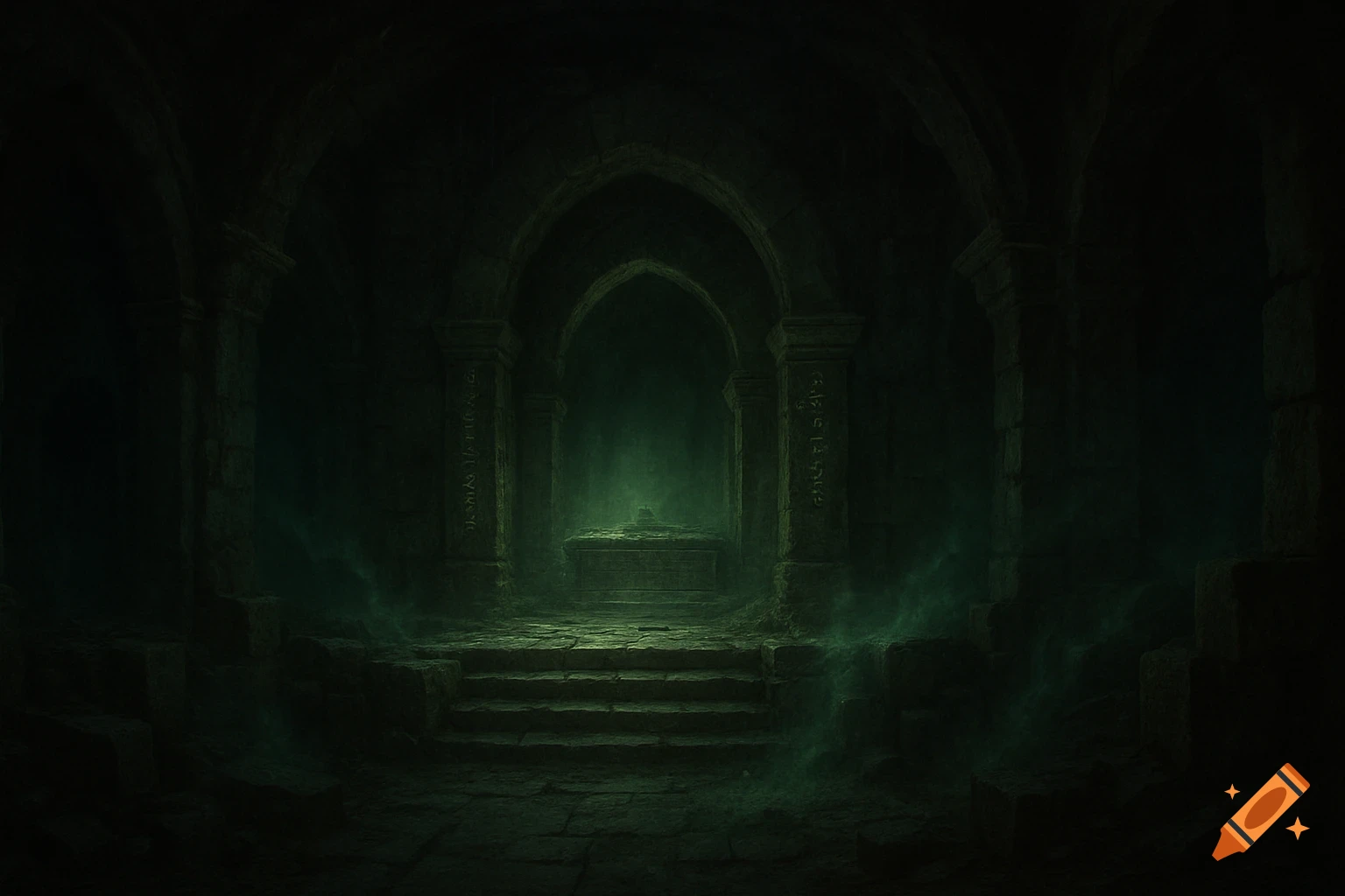 Dark fantasy art of an ancient stone tomb filled with eerie green mist.