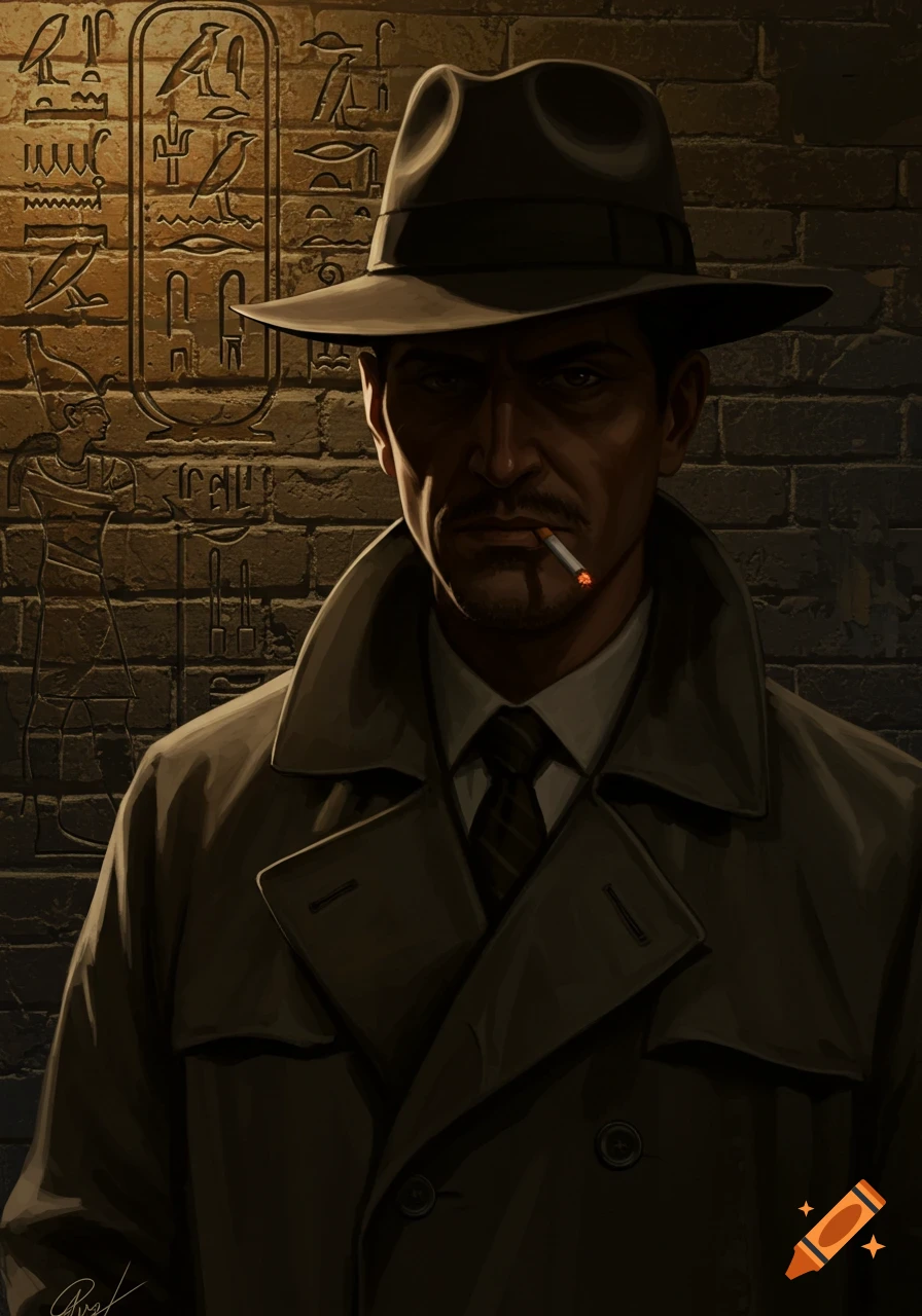 Digital painting of a private detective smoking a cigarette, in profile against a brick wall with Egyptian hieroglyphs.