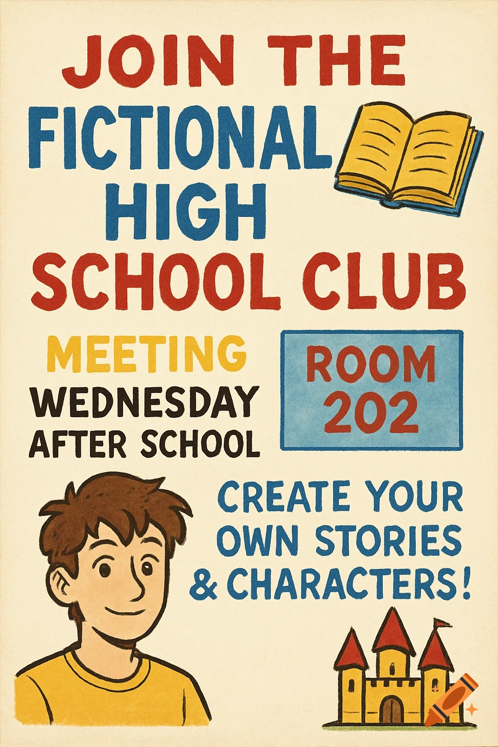 Illustrated flyer for a fictional high school club meeting, showing text, a cartoon boy, an open book, and a small castle.
