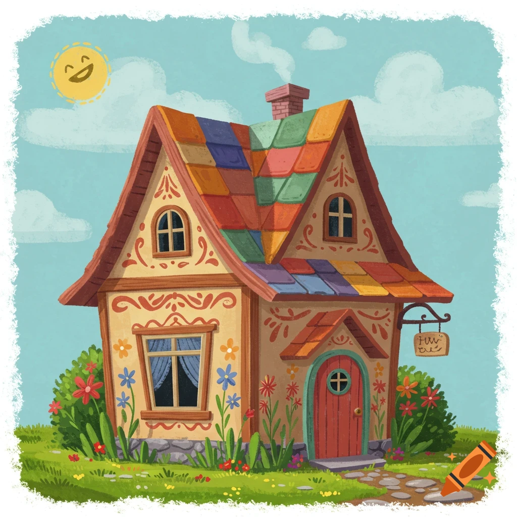 A colorful, stylized house with a happy sun in a folk art illustration style.